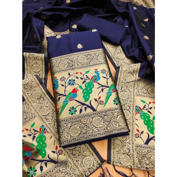 Shopnav Women's Banarasi Silk Printed Unstitched Salwar Suit Material With Dupatta (Navy Blue, 3Mtrs)