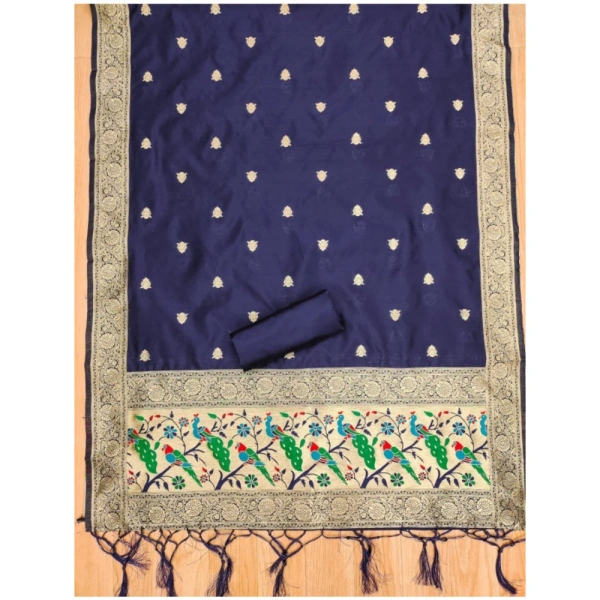 Shopnav Women's Banarasi Silk Printed Unstitched Salwar Suit Material With Dupatta (Navy Blue, 3Mtrs)