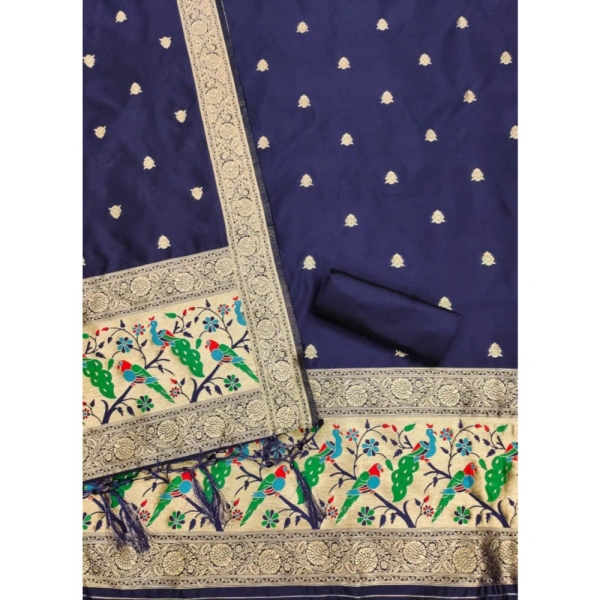 Shopnav Women's Banarasi Silk Printed Unstitched Salwar Suit Material With Dupatta (Navy Blue, 3Mtrs)