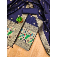 Shopnav Women's Banarasi Silk Printed Unstitched Salwar Suit Material With Dupatta (Navy Blue, 3Mtrs)