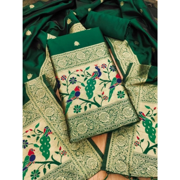 Shopnav Women's Banarasi Silk Printed Unstitched Salwar Suit Material With Dupatta (Bottle Green, 3Mtrs)