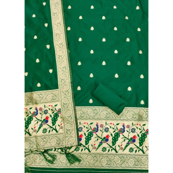 Shopnav Women's Banarasi Silk Printed Unstitched Salwar Suit Material With Dupatta (Bottle Green, 3Mtrs)