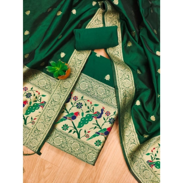 Shopnav Women's Banarasi Silk Printed Unstitched Salwar Suit Material With Dupatta (Bottle Green, 3Mtrs)