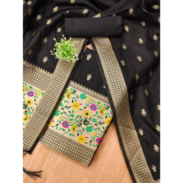 Shopnav Women's Banarasi Silk Printed Unstitched Salwar Suit Material With Dupatta (Black, 3Mtrs)