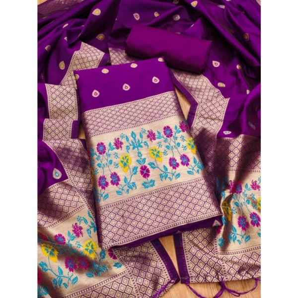 Shopnav Women's Banarasi Silk Printed Unstitched Salwar Suit Material With Dupatta (Purple, 3Mtrs)