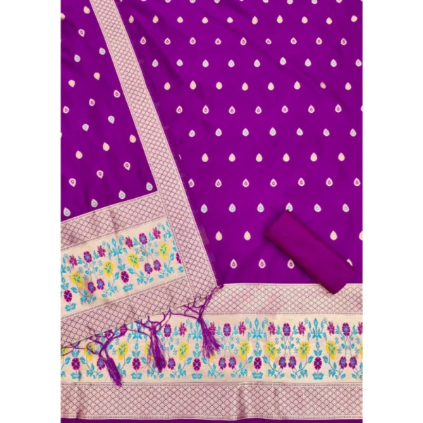 Shopnav Women's Banarasi Silk Printed Unstitched Salwar Suit Material With Dupatta (Purple, 3Mtrs)