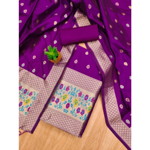 Shopnav Women's Banarasi Silk Printed Unstitched Salwar Suit Material With Dupatta (Purple, 3Mtrs)