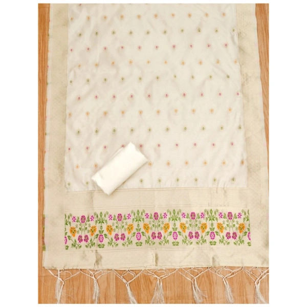 Shopnav Women's Banarasi Silk Printed Unstitched Salwar Suit Material With Dupatta (White, 3Mtrs)
