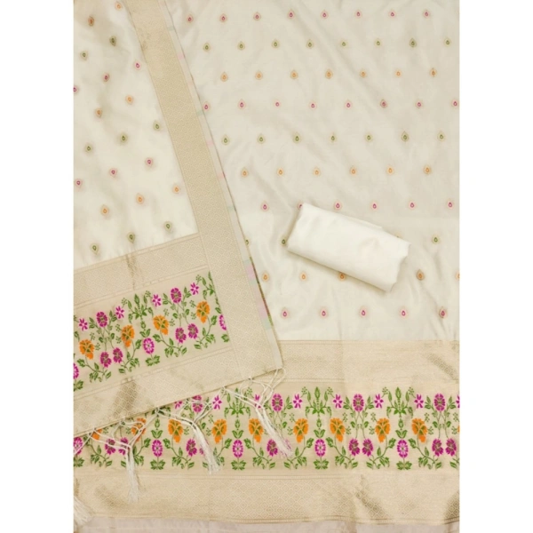Shopnav Women's Banarasi Silk Printed Unstitched Salwar Suit Material With Dupatta (White, 3Mtrs)