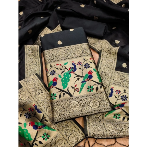 Shopnav Women's Banarasi Silk Printed Unstitched Salwar Suit Material With Dupatta (Black, 3Mtrs)