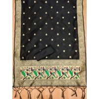 Shopnav Women's Banarasi Silk Printed Unstitched Salwar Suit Material With Dupatta (Black, 3Mtrs)