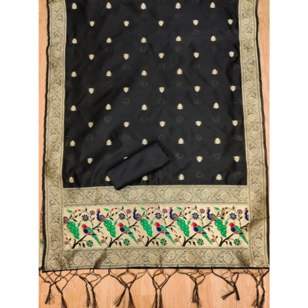 Shopnav Women's Banarasi Silk Printed Unstitched Salwar Suit Material With Dupatta (Black, 3Mtrs)