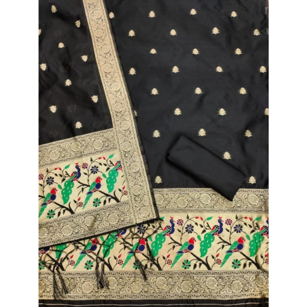Shopnav Women's Banarasi Silk Printed Unstitched Salwar Suit Material With Dupatta (Black, 3Mtrs)