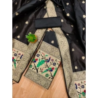 Shopnav Women's Banarasi Silk Printed Unstitched Salwar Suit Material With Dupatta (Black, 3Mtrs)