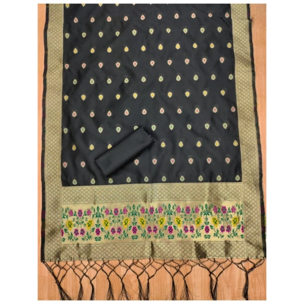 Shopnav Women's Banarasi Silk Printed Unstitched Salwar Suit Material With Dupatta (Black, 3Mtrs)