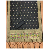 Shopnav Women's Banarasi Silk Printed Unstitched Salwar Suit Material With Dupatta (Black, 3Mtrs)