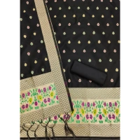 Shopnav Women's Banarasi Silk Printed Unstitched Salwar Suit Material With Dupatta (Black, 3Mtrs)