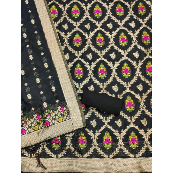 Women's Banarasi Silk Printed Unstitched Salwar Suit Material With Dupatta (Black, 3Mtrs)