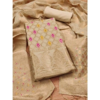 Women's Banarasi Silk Printed Unstitched Salwar Suit Material With Dupatta (Cream, 3Mtrs)