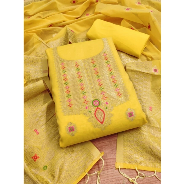 Women's Banarasi Silk Printed Unstitched Salwar Suit Material With Dupatta (Yellow, 3Mtrs)
