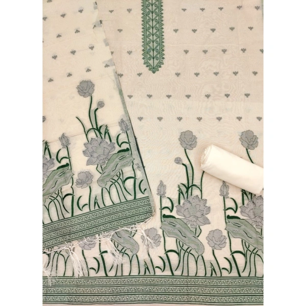Women's Banarasi Silk Printed Unstitched Salwar Suit Material With Dupatta (OffWhite, 3Mtrs)