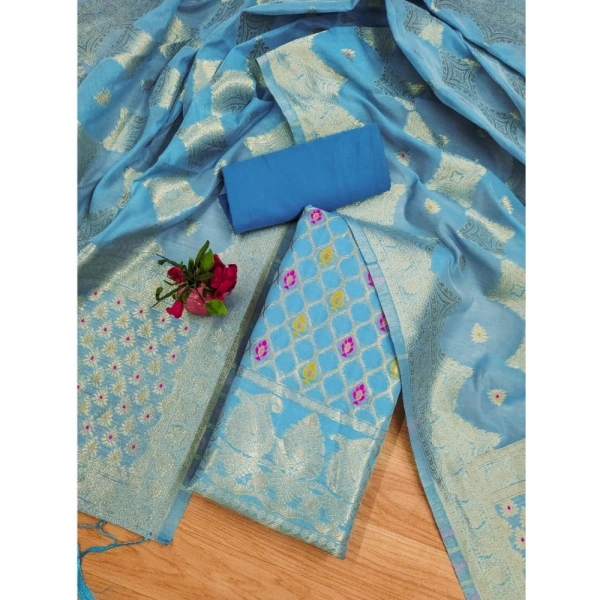 Women's Banarasi Silk Printed Unstitched Salwar Suit Material With Dupatta (Sky Blue, 3Mtrs)