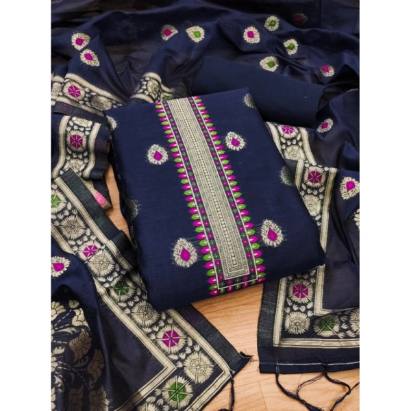 Women's Banarasi Silk Printed Unstitched Salwar Suit Material With Dupatta (Navy Blue, 3Mtrs)