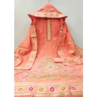 Women's Banarasi Silk Printed Unstitched Salwar Suit Material With Dupatta (Peach, 3Mtrs)