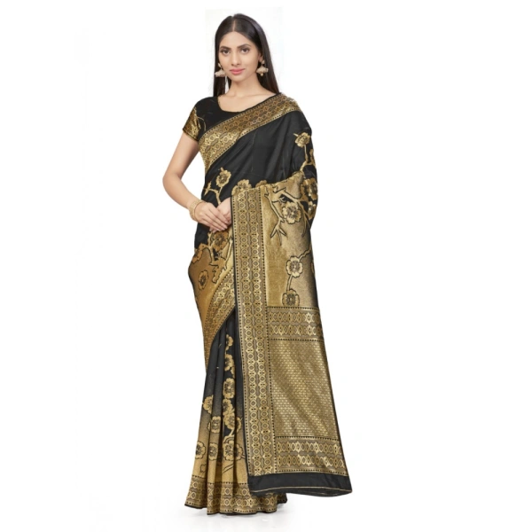 Women's Banarasi Silk Saree (Black,5-6 Mtrs) - Black