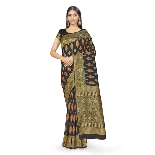 Women's Banarasi Silk Saree With Blouse (Black, 5-6Mtrs) - Black