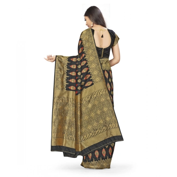 Women's Banarasi Silk Saree With Blouse (Black, 5-6Mtrs) - Black