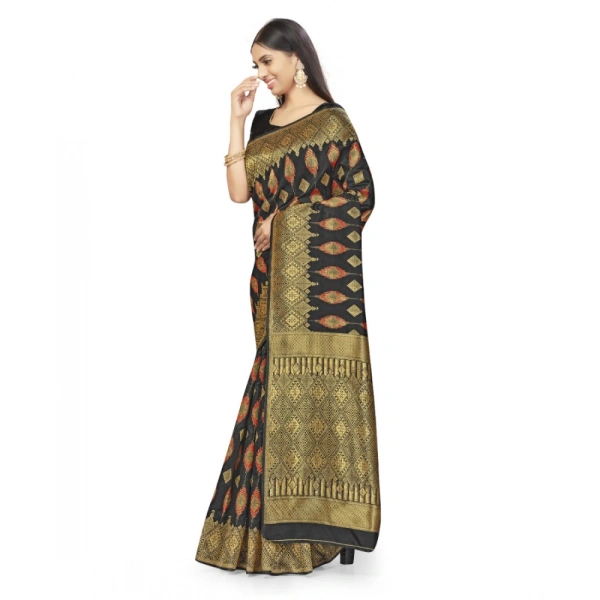 Women's Banarasi Silk Saree With Blouse (Black, 5-6Mtrs) - Black