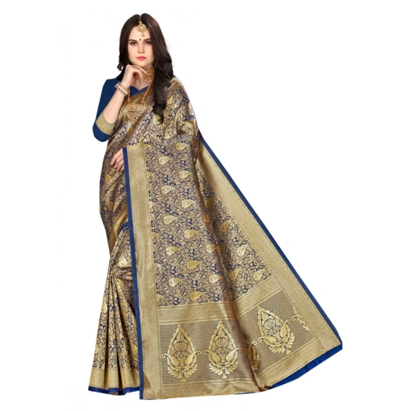 Women's Banarasi silk Saree with Blouse (Navy blue, 5-6mtr) - Navy blue