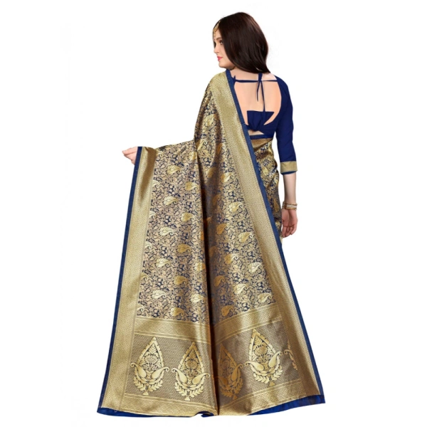 Women's Banarasi silk Saree with Blouse (Navy blue, 5-6mtr) - Navy blue