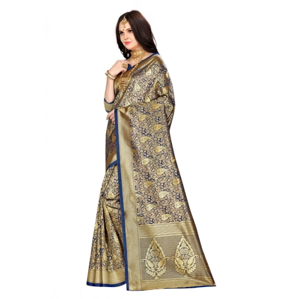 Women's Banarasi silk Saree with Blouse (Navy blue, 5-6mtr) - Navy blue