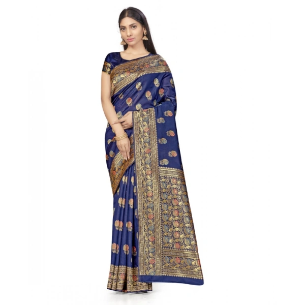 Women's Banarasi Silk Saree With Blouse (Navy Blue, 5-6Mtrs) - Navy Blue