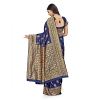 Women's Banarasi Silk Saree With Blouse (Navy Blue, 5-6Mtrs) - Navy Blue
