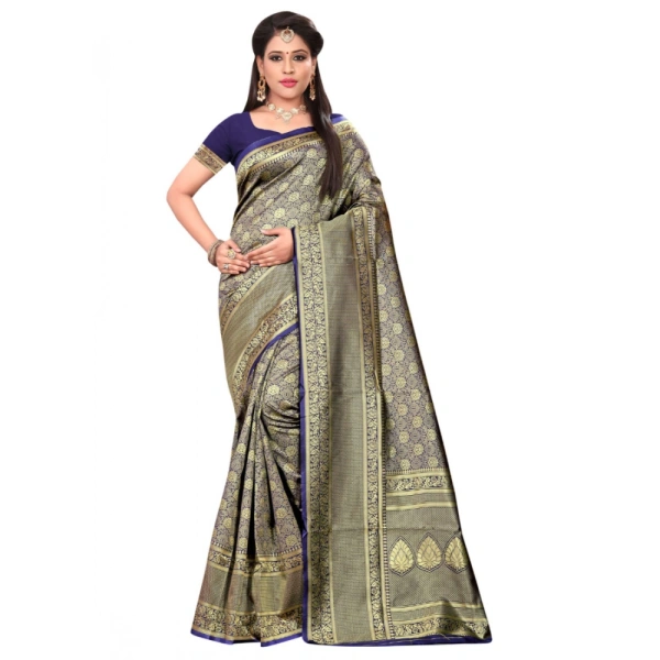 Women's Banarasi silk Saree with Blouse (Navy blue, 5-6mtr) - Navy blue