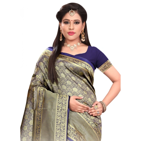 Women's Banarasi silk Saree with Blouse (Navy blue, 5-6mtr) - Navy blue