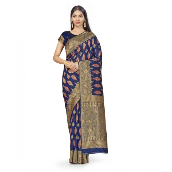 Women's Banarasi Silk Saree With Blouse (Navy Blue, 5-6Mtrs) - Navy Blue