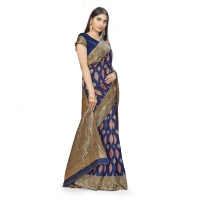 Women's Banarasi Silk Saree With Blouse (Navy Blue, 5-6Mtrs) - Navy Blue