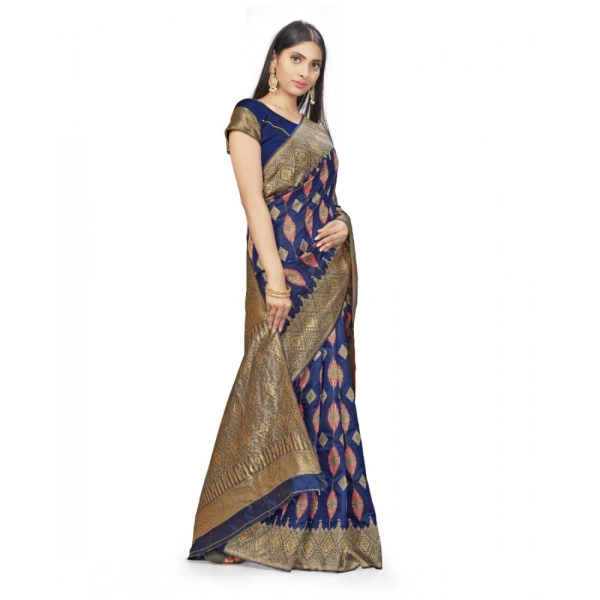 Women's Banarasi Silk Saree With Blouse (Navy Blue, 5-6Mtrs) - Navy Blue