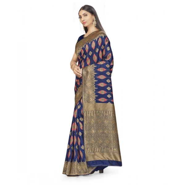 Women's Banarasi Silk Saree With Blouse (Navy Blue, 5-6Mtrs) - Navy Blue