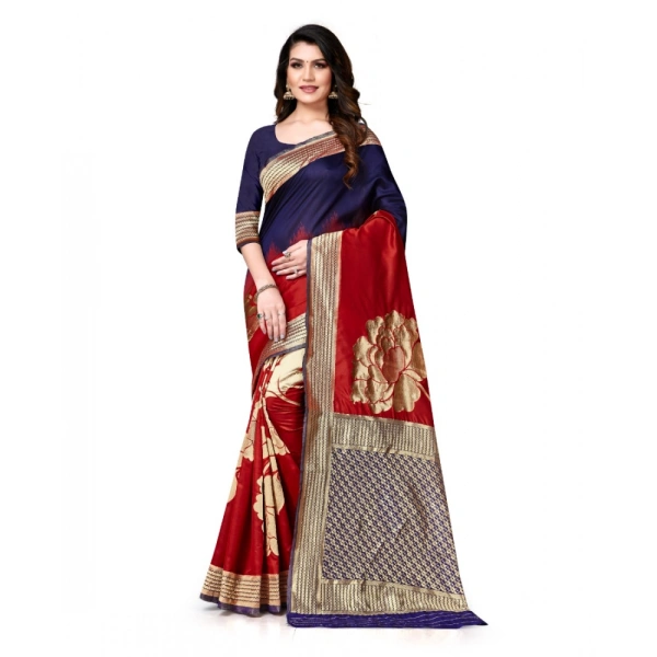 Women's Banarasi Silk Saree With Blouse (Navy Blue, Red, 5-6Mtrs) - Navy Blue- Red