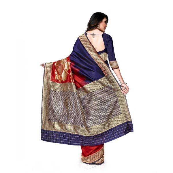 Women's Banarasi Silk Saree With Blouse (Navy Blue, Red, 5-6Mtrs) - Navy Blue- Red