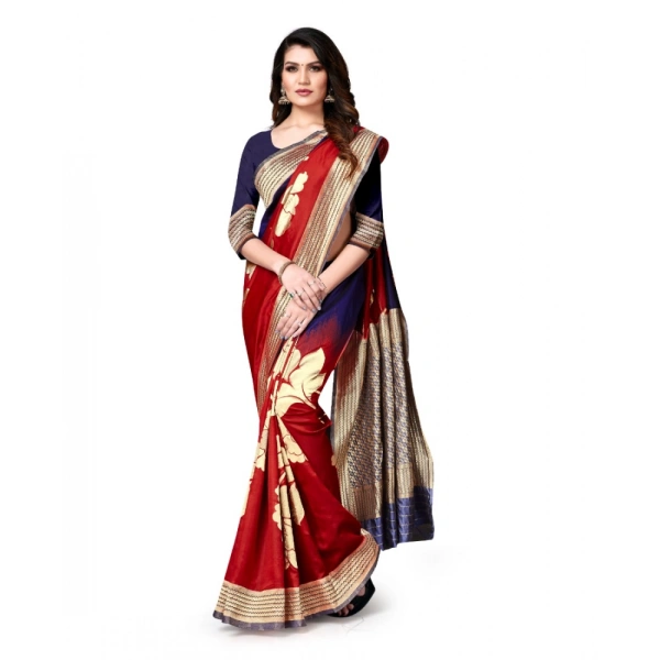 Women's Banarasi Silk Saree With Blouse (Navy Blue, Red, 5-6Mtrs) - Navy Blue- Red