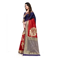 Women's Banarasi Silk Saree With Blouse (Navy Blue, Red, 5-6Mtrs) - Navy Blue- Red