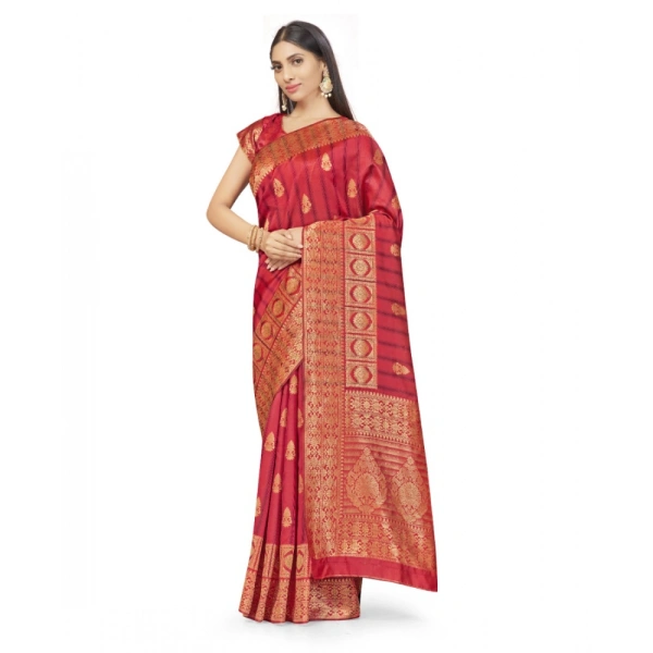 Women's Banarasi Silk Saree With Blouse (Peach, 5-6Mtrs) - Peach