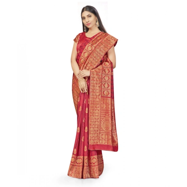 Women's Banarasi Silk Saree With Blouse (Peach, 5-6Mtrs) - Peach