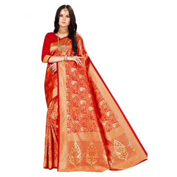 Women's Banarasi silk Saree with Blouse (Red, 5-6mtr) - Red